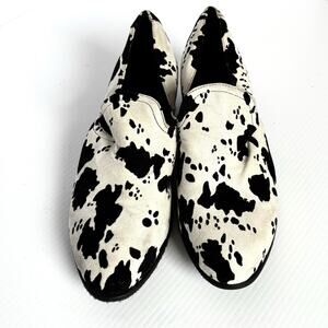 Pierre Dumas Cow Print Slip On Bootie, Black White Faux Calf Hair, Size 10
